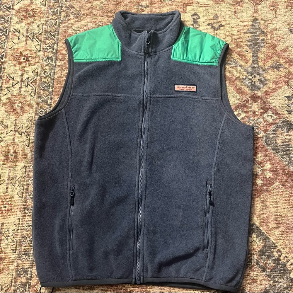 MENS Vineyard Vines Large Fleece Vest Two Tone Zip Up Pockets Logo Blue Teal